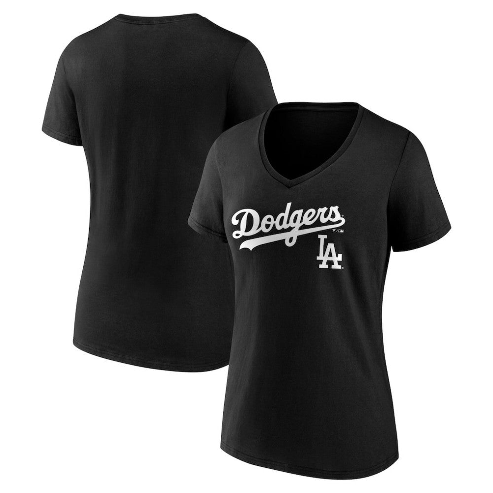 Los Angeles Dodgers Women's Team Lockup V-Neck T-Shirt - Black - MLB Sale