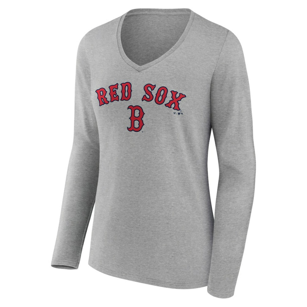Boston Red Sox Women's Team Lockup Long Sleeve V-Neck T-Shirt - Gray - MLB Discount