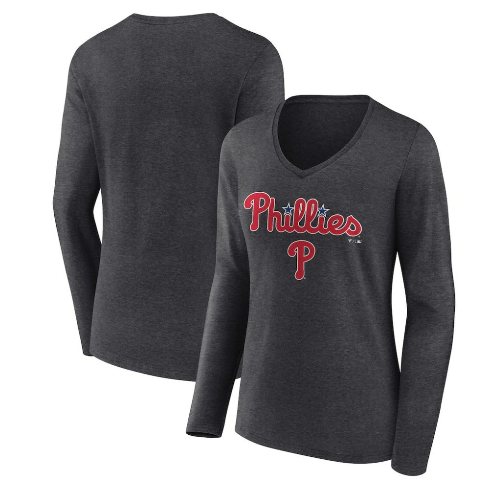 Philadelphia Phillies Women's Team Lockup Long Sleeve V-Neck T-Shirt - Charcoal - MLB on Sale