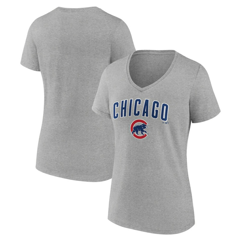 Chicago Cubs Women's Team Lockup V-Neck T-Shirt - Gray - MLB Lifestyle