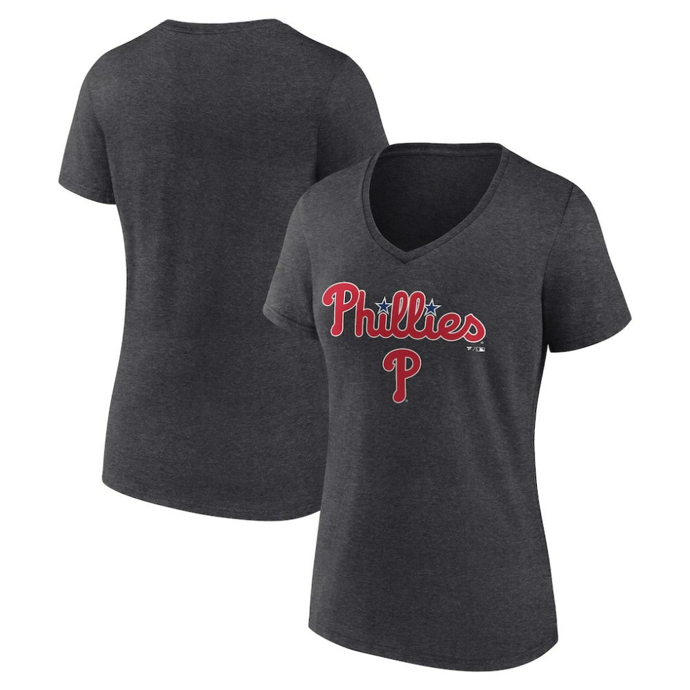 Philadelphia Phillies Women's Team Lockup V-Neck T-Shirt - Charcoal - MLB Discount