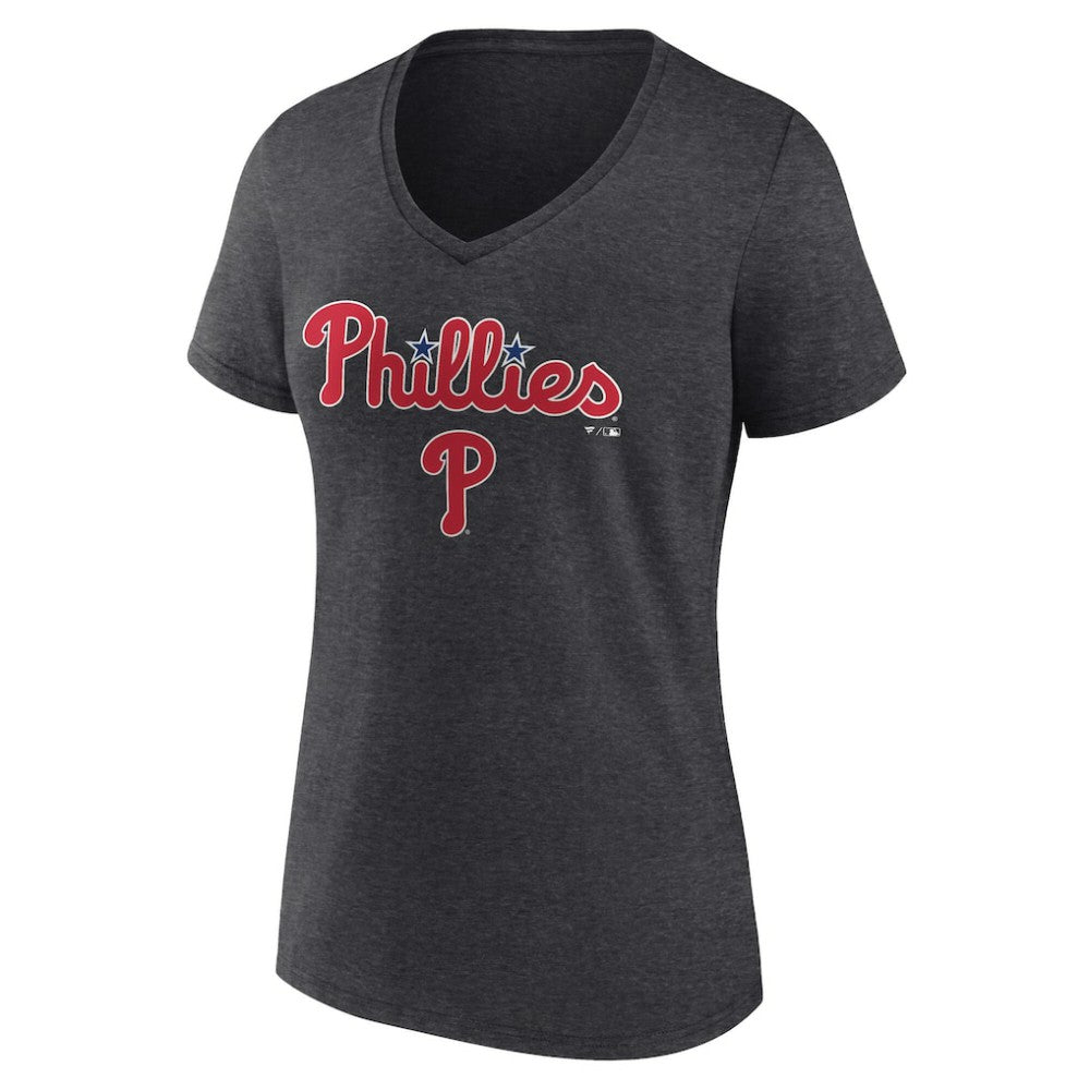 Philadelphia Phillies Women's Team Lockup V-Neck T-Shirt - Charcoal - MLB Discount
