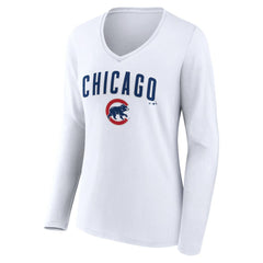 Chicago Cubs Women's Team Lockup Long Sleeve V-Neck T-Shirt - White - MLB on Sale