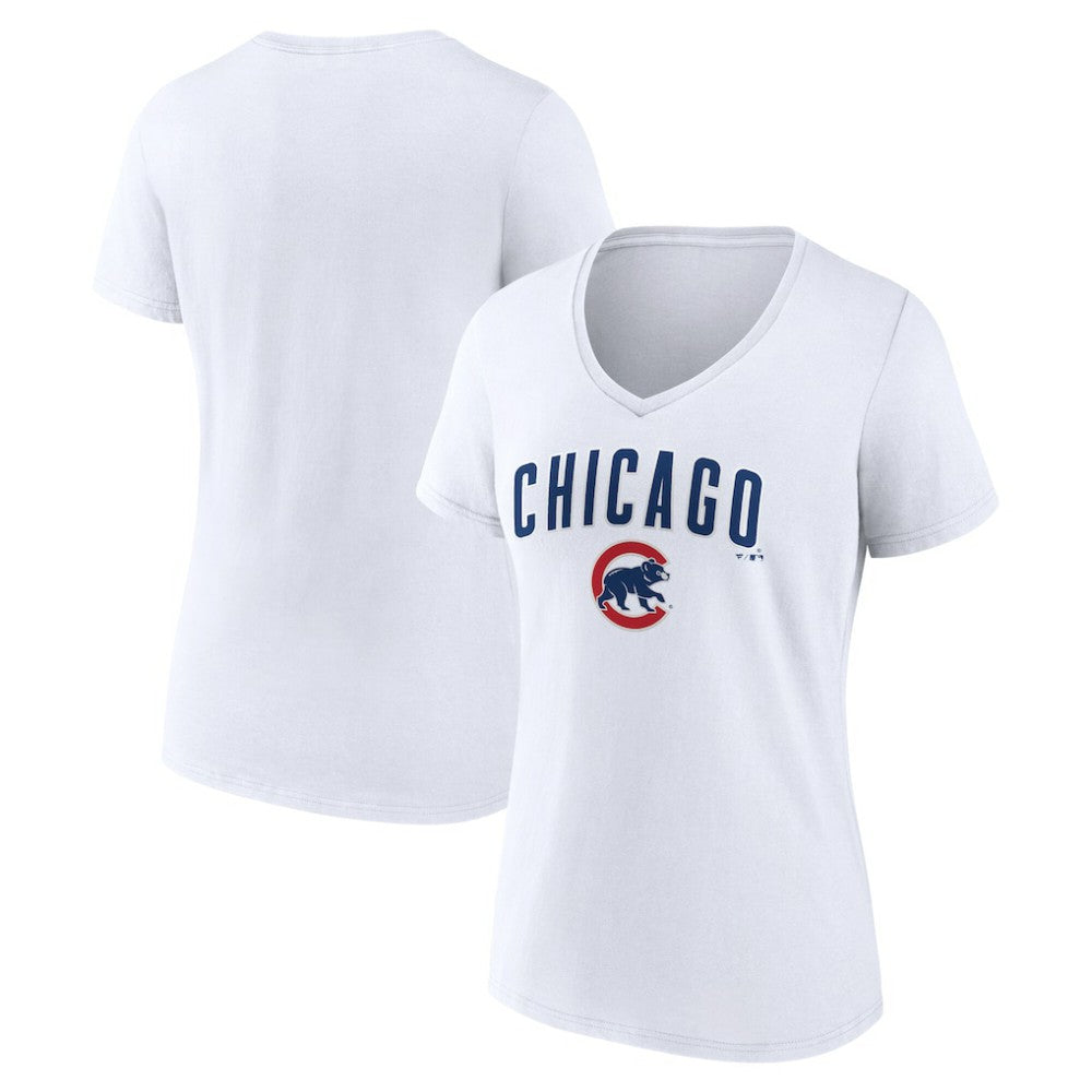 Chicago Cubs Women's Team Lockup V-Neck T-Shirt - White - MLB Lifestyle