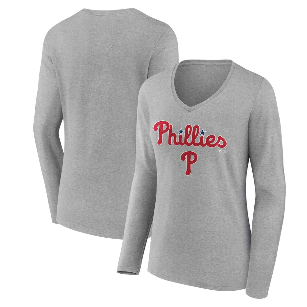 Philadelphia Phillies Women's Team Lockup Long Sleeve V-Neck T-Shirt - Gray - MLB on Sale
