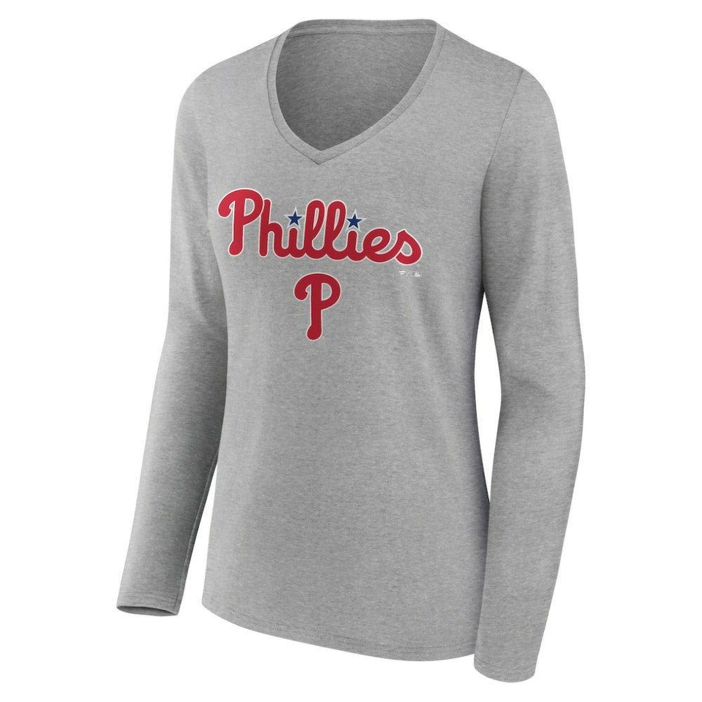 Philadelphia Phillies Women's Team Lockup Long Sleeve V-Neck T-Shirt - Gray - MLB on Sale