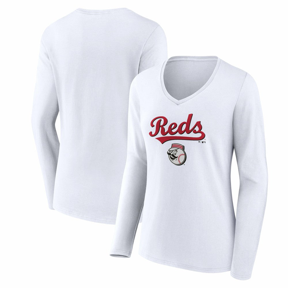 Cincinnati Reds Women's Team Lockup Long Sleeve V-Neck T-Shirt - White - MLB Lifestyle