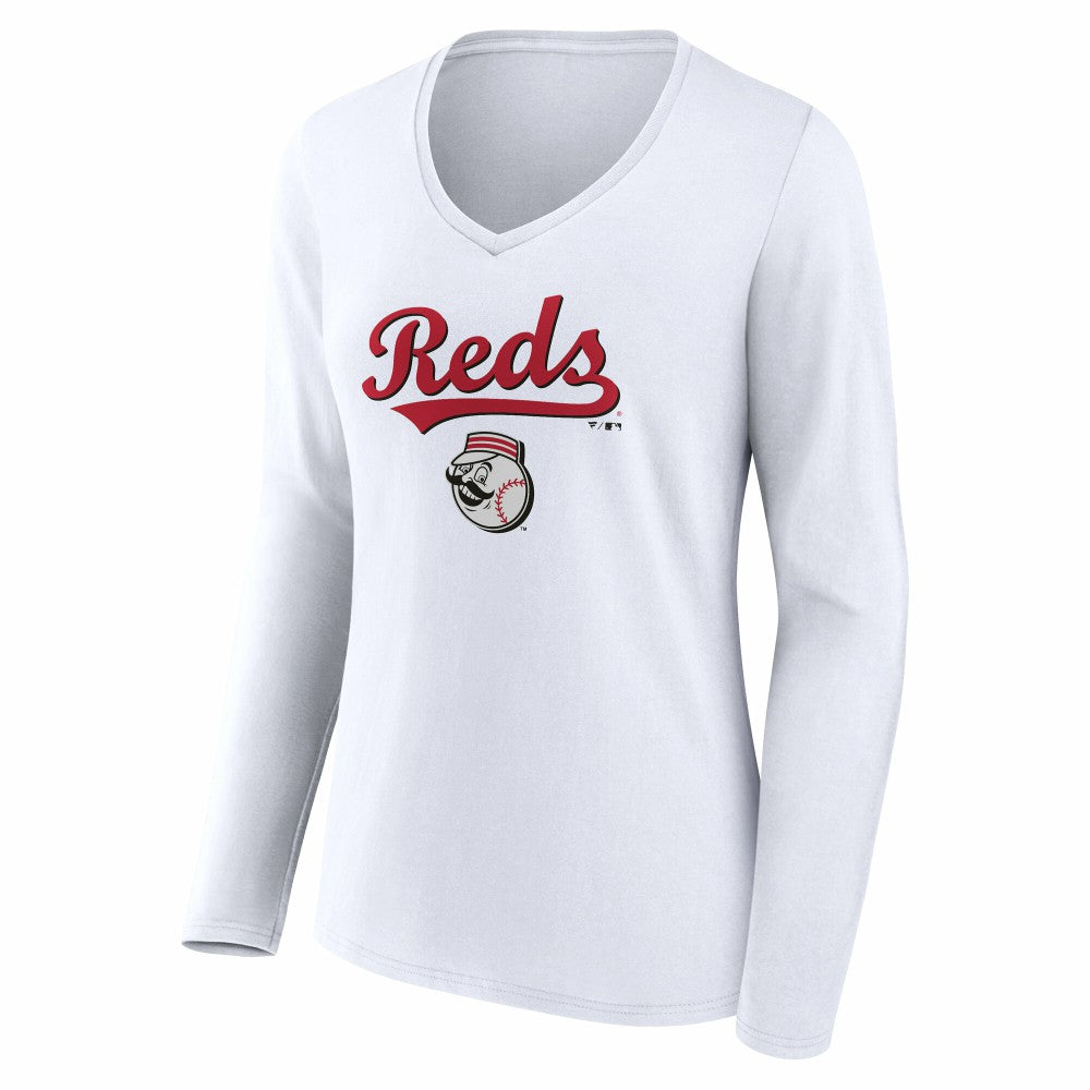 Cincinnati Reds Women's Team Lockup Long Sleeve V-Neck T-Shirt - White - MLB Lifestyle