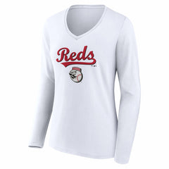 Cincinnati Reds Women's Team Lockup Long Sleeve V-Neck T-Shirt - White - MLB Lifestyle