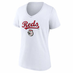 Cincinnati Reds Women's Team Lockup V-Neck T-Shirt - White - MLB Sale