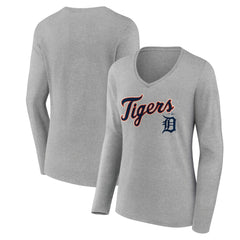 Detroit Tigers Women's Team Lockup Long Sleeve V-Neck T-Shirt - Gray - MLB on Sale