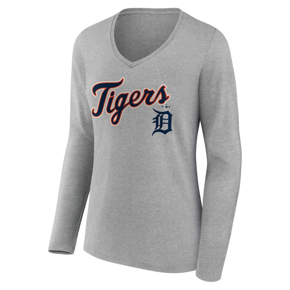 Detroit Tigers Women's Team Lockup Long Sleeve V-Neck T-Shirt - Gray - MLB on Sale