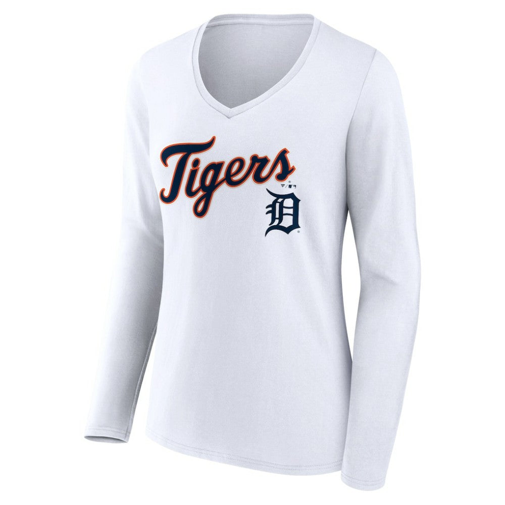Detroit Tigers Women's Team Lockup Long Sleeve V-Neck T-Shirt - White - MLB Online