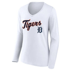 Detroit Tigers Women's Team Lockup Long Sleeve V-Neck T-Shirt - White - MLB Online