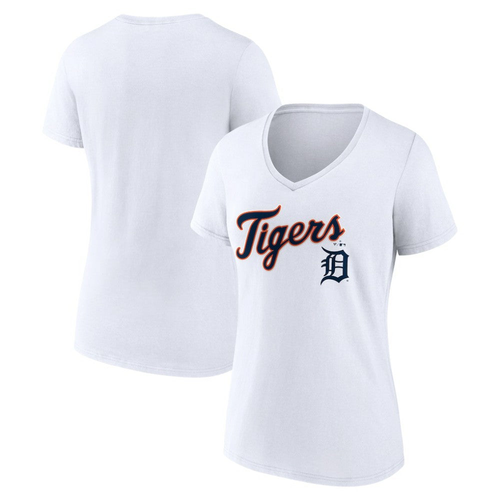 Detroit Tigers Women's Team Lockup V-Neck T-Shirt - White - MLB Lifestyle