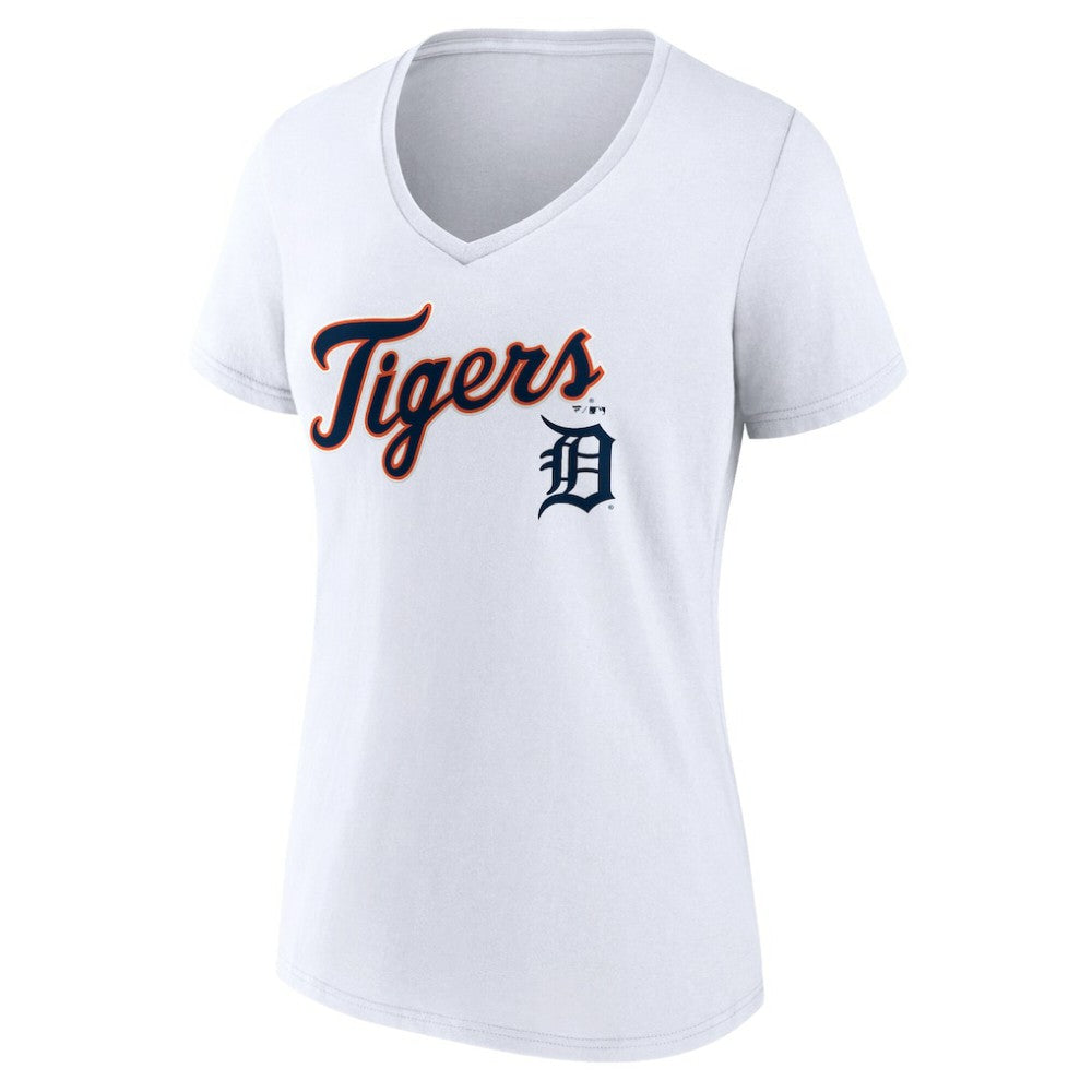 Detroit Tigers Women's Team Lockup V-Neck T-Shirt - White - MLB Lifestyle