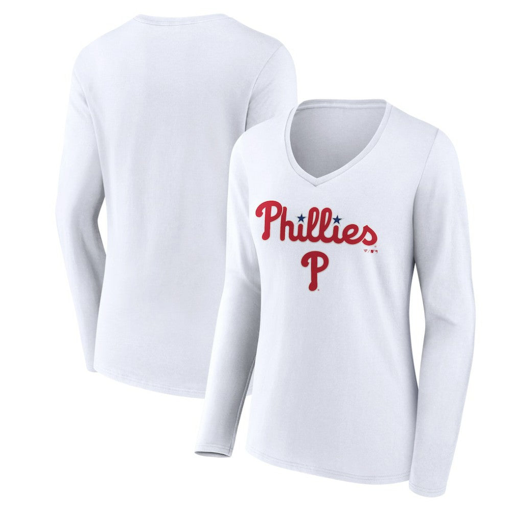 Philadelphia Phillies Women's Team Lockup Long Sleeve V-Neck T-Shirt - White - MLB Online