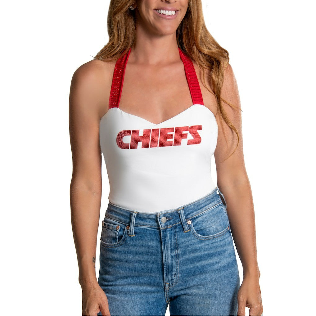 Kansas City Chiefs Cuce Women's Rhinestone Semi-Cropped Halter Tank White