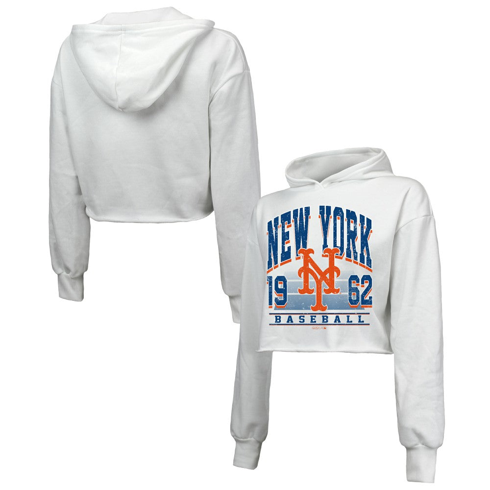New York Mets Majestic Threads Women's Cropped Have A Field Day Tri-Blend Hoodie - White - MLB Discount