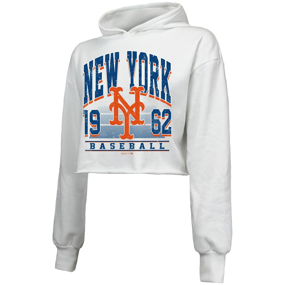 New York Mets Majestic Threads Women's Cropped Have A Field Day Tri-Blend Hoodie - White - MLB Discount