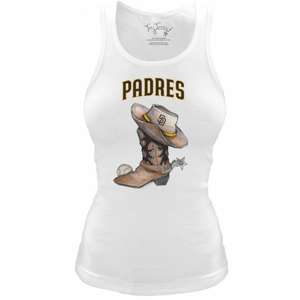 San Diego Padres Tiny Turnip Women's Fitted Vintage Cowboy Boot Tri-Blend Tank Top - White - MLB Sale