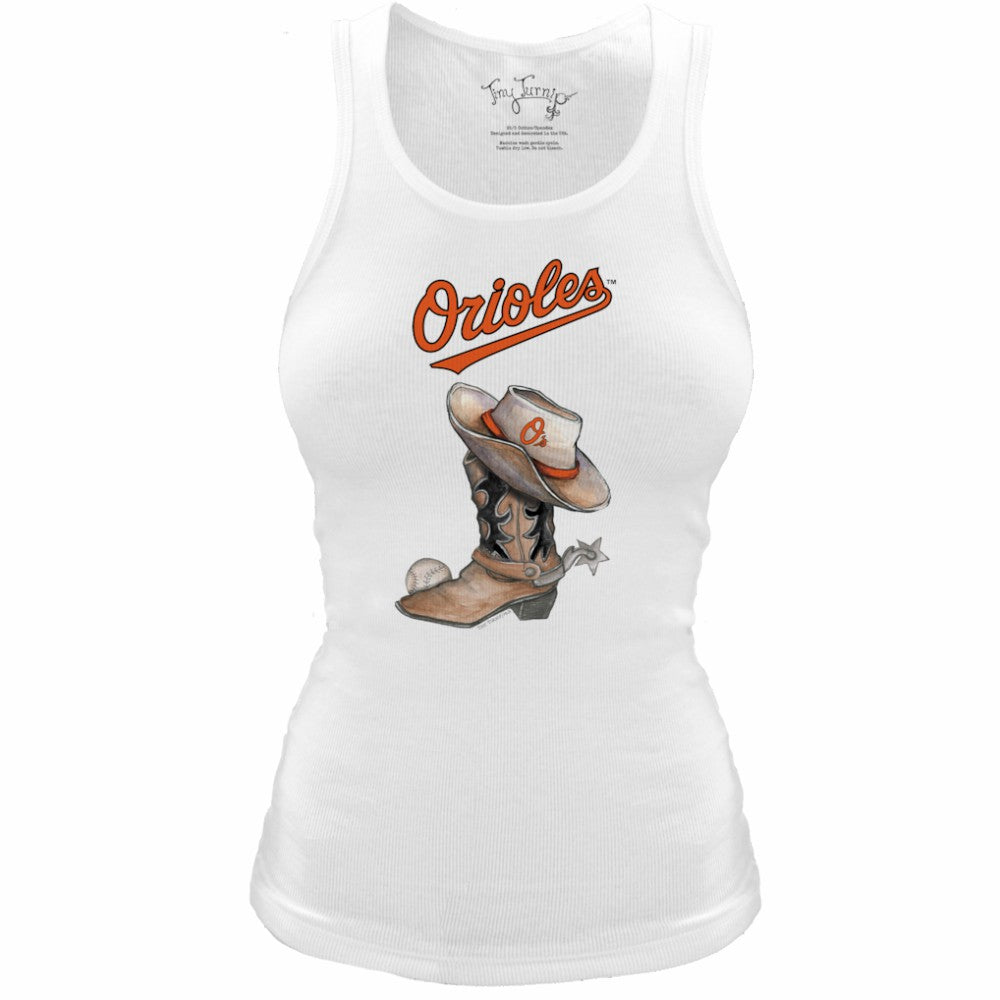 Baltimore Orioles Tiny Turnip Women's Fitted Vintage Cowboy Boot Tri-Blend Tank Top - White - MLB on Sale