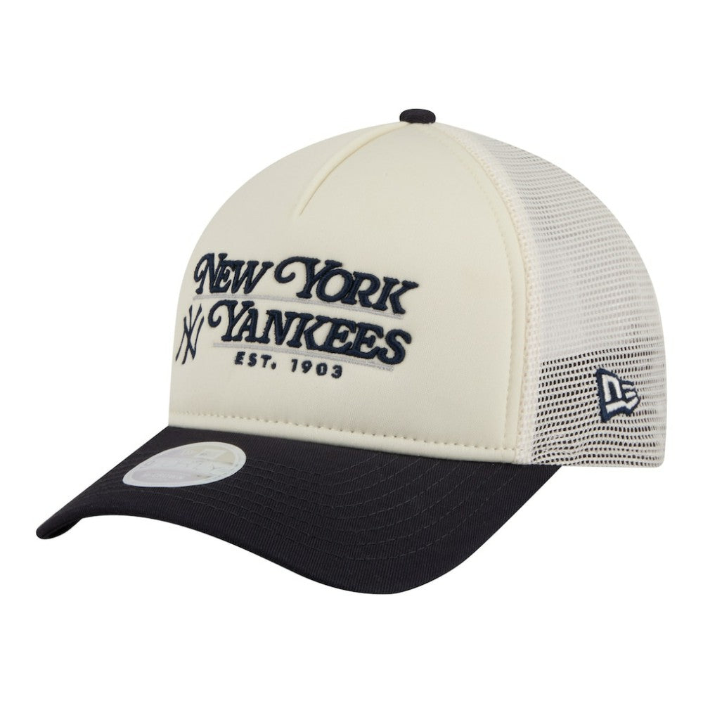 New York Yankees New Era Women's Retro 9FORTY M-Crown A-Frame Trucker Adjustable Hat - Light Beige/Navy - New Era Sale