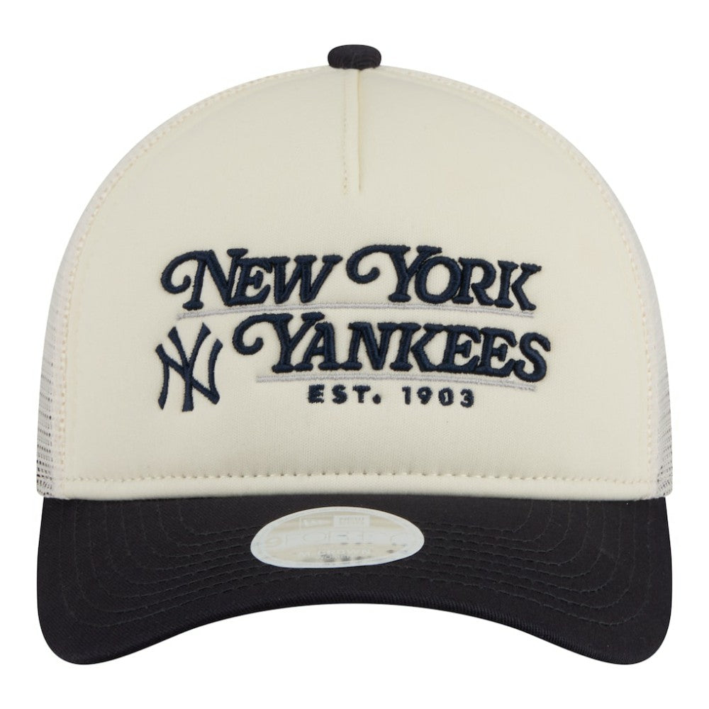 New York Yankees New Era Women's Retro 9FORTY M-Crown A-Frame Trucker Adjustable Hat - Light Beige/Navy - New Era Sale