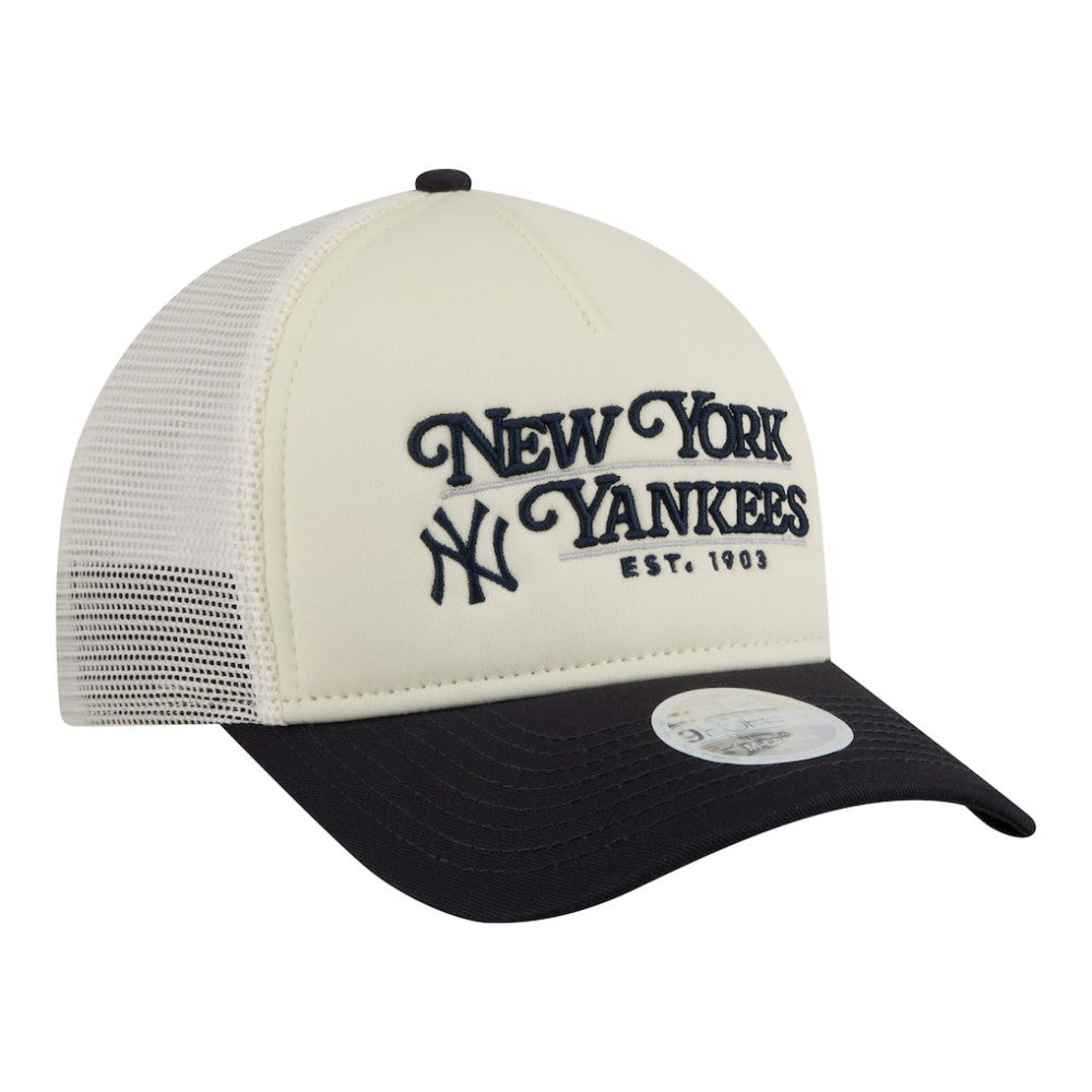 New York Yankees New Era Women's Retro 9FORTY M-Crown A-Frame Trucker Adjustable Hat - Light Beige/Navy - New Era Sale