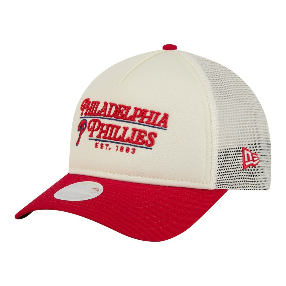 Philadelphia Phillies New Era Women's Retro 9FORTY M-Crown A-Frame Trucker Adjustable Hat - Light Beige/Red - New Era on Sale