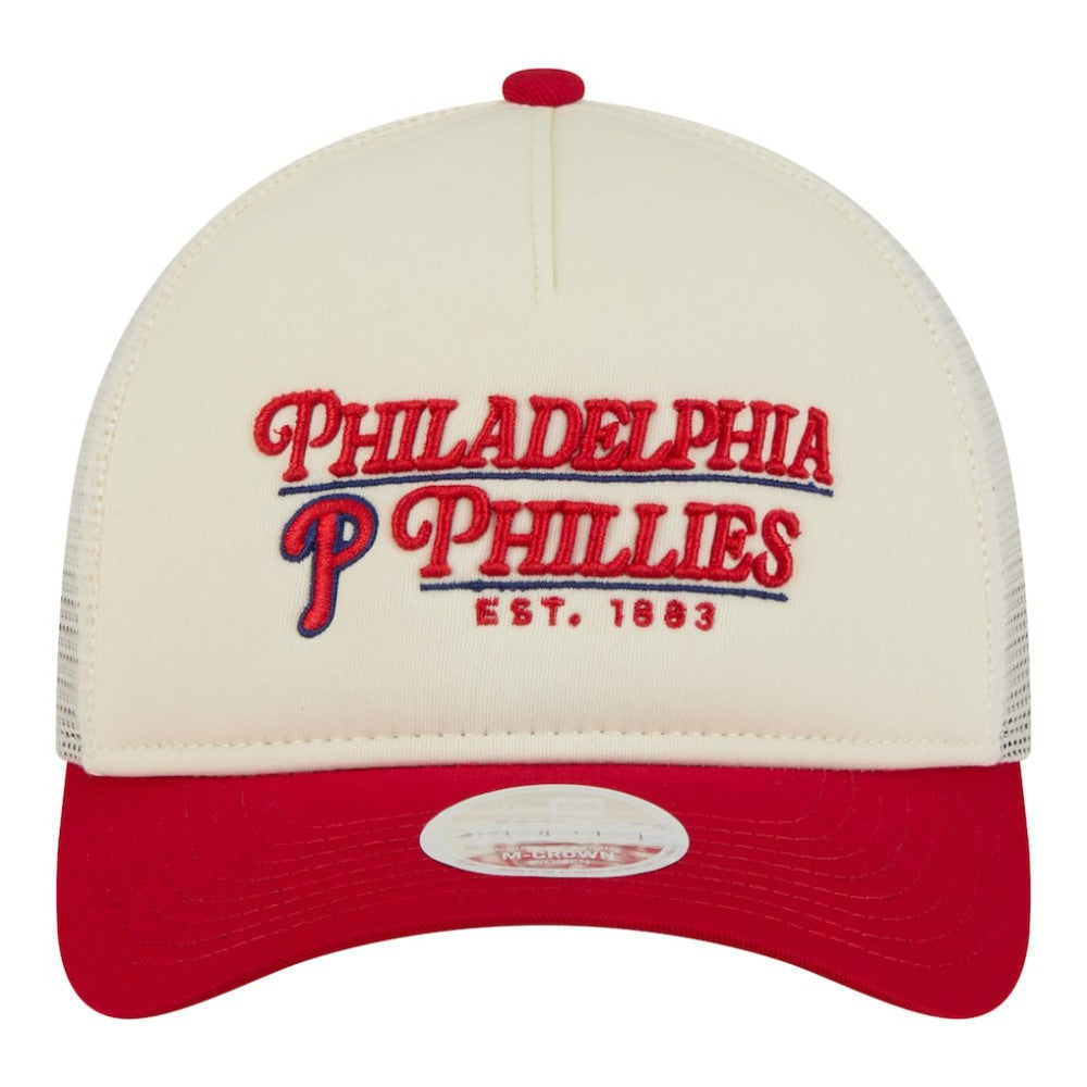 Philadelphia Phillies New Era Women's Retro 9FORTY M-Crown A-Frame Trucker Adjustable Hat - Light Beige/Red - New Era on Sale