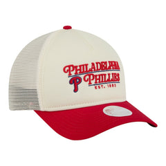 Philadelphia Phillies New Era Women's Retro 9FORTY M-Crown A-Frame Trucker Adjustable Hat - Light Beige/Red - New Era on Sale