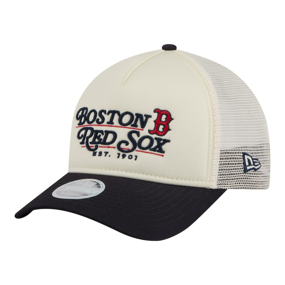 Boston Red Sox New Era Women's Retro 9FORTY M-Crown A-Frame Trucker Adjustable Hat - Light Beige/Navy - New Era on Sale