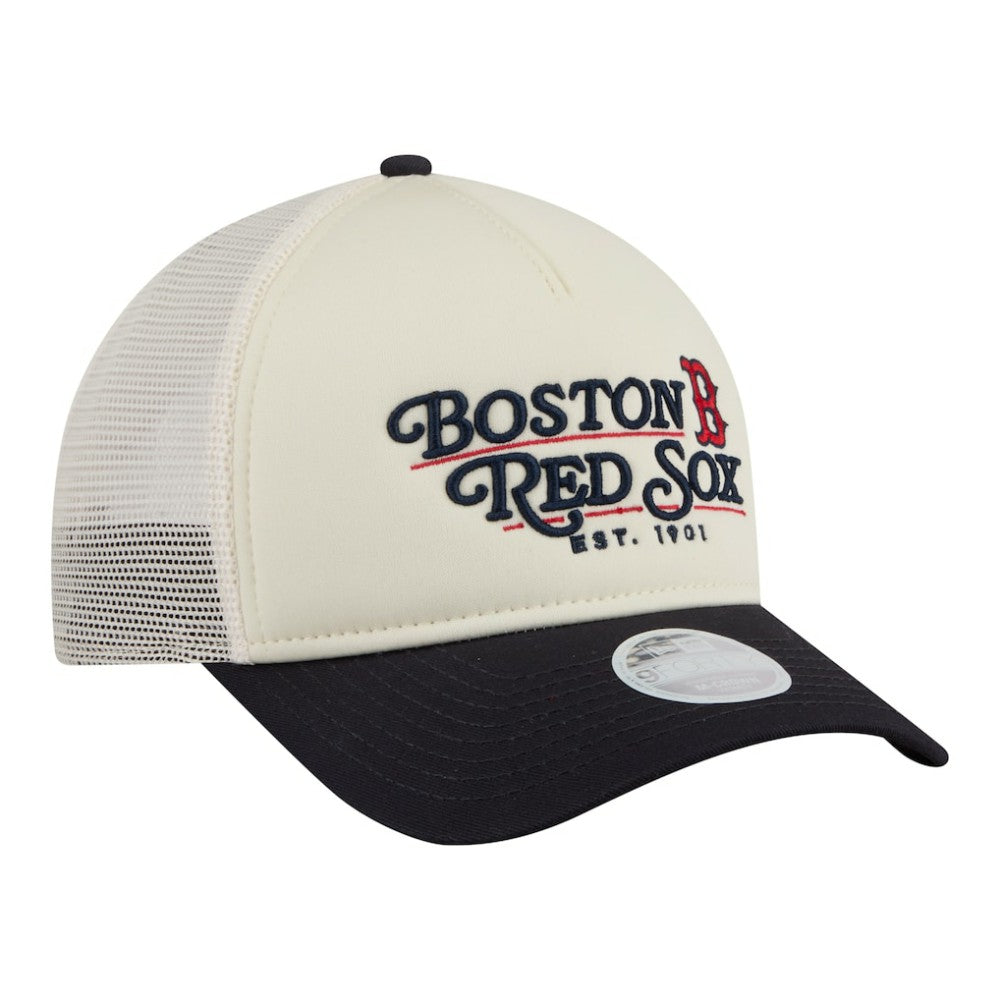Boston Red Sox New Era Women's Retro 9FORTY M-Crown A-Frame Trucker Adjustable Hat - Light Beige/Navy - New Era on Sale