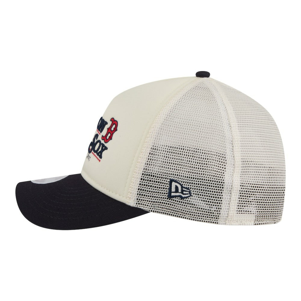 Boston Red Sox New Era Women's Retro 9FORTY M-Crown A-Frame Trucker Adjustable Hat - Light Beige/Navy - New Era on Sale
