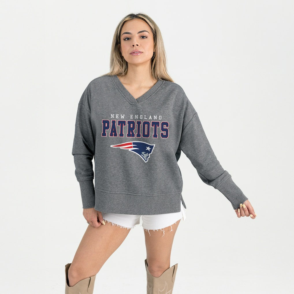 New England Patriots Gameday Couture Women's French Terry V-Neck Pullover Sweatshirt Gray