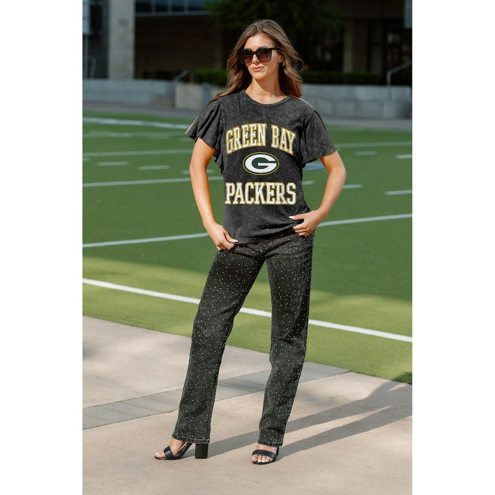 Green Bay Packers Gameday Couture Women's Relaxed Flutter Sleeve T-Shirt Black