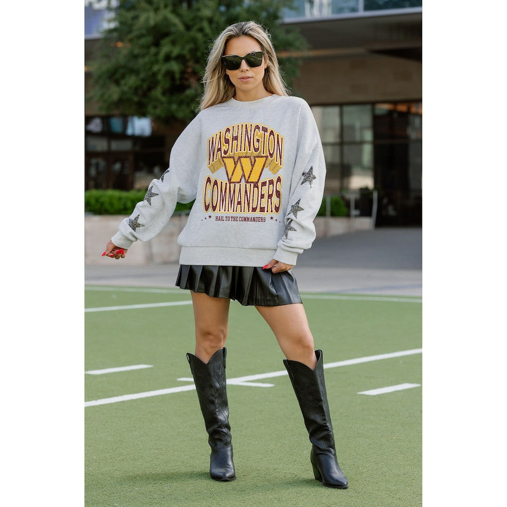 Washington Commanders Gameday Couture Women's Resilience Relaxed Rhinestone Pullover Sweatshirt Ash