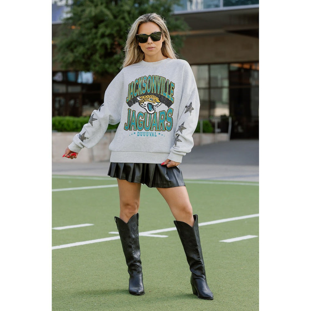 Jacksonville Jaguars Gameday Couture Women's Resilience Relaxed Rhinestone Pullover Sweatshirt Ash