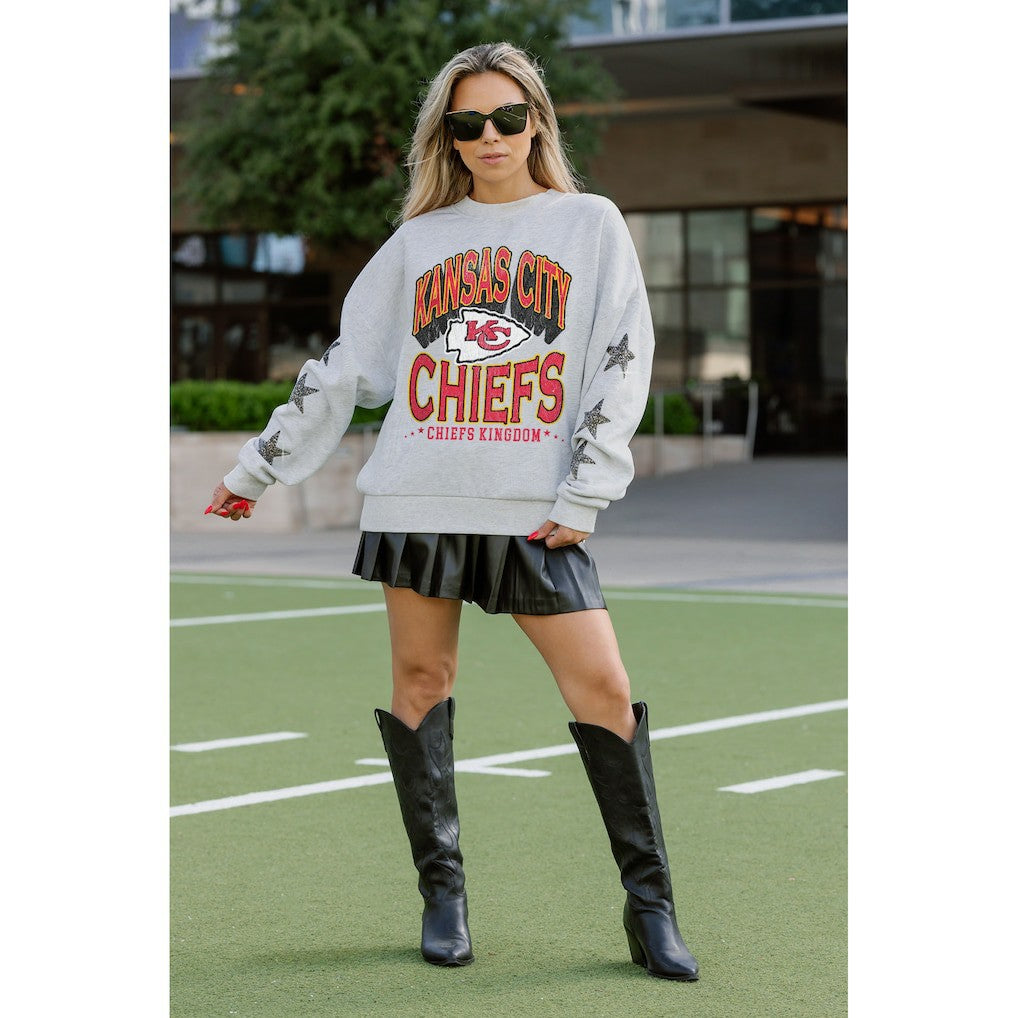 Kansas City Chiefs Gameday Couture Women's Resilience Relaxed Rhinestone Pullover Sweatshirt Ash