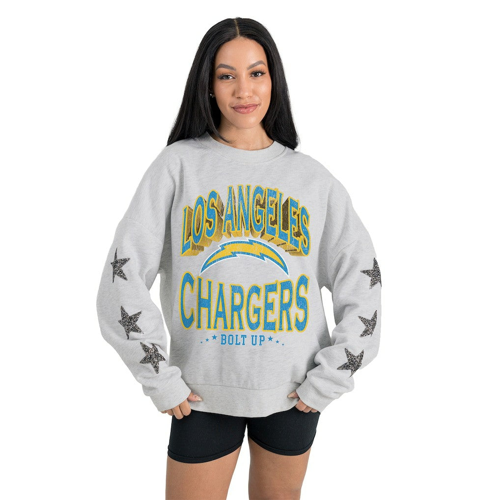 Los Angeles Chargers Gameday Couture Women's Resilience Relaxed Rhinestone Pullover Sweatshirt Ash
