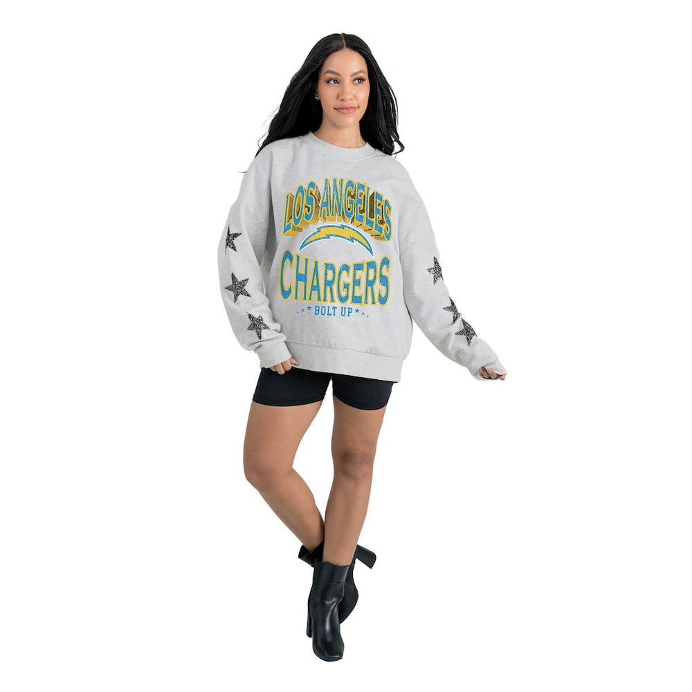 Los Angeles Chargers Gameday Couture Women's Resilience Relaxed Rhinestone Pullover Sweatshirt Ash