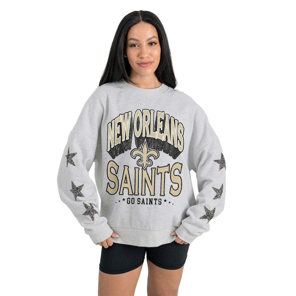 New Orleans Saints Gameday Couture Women's Resilience Relaxed Rhinestone Pullover Sweatshirt Ash