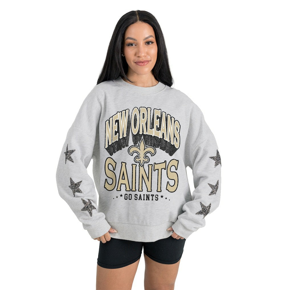 New Orleans Saints Gameday Couture Women's Resilience Relaxed Rhinestone Pullover Sweatshirt Ash
