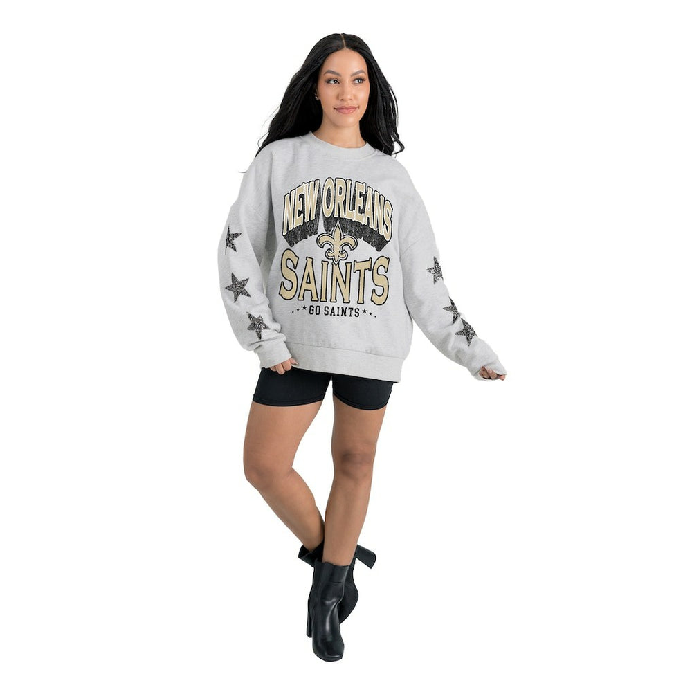 New Orleans Saints Gameday Couture Women's Resilience Relaxed Rhinestone Pullover Sweatshirt Ash