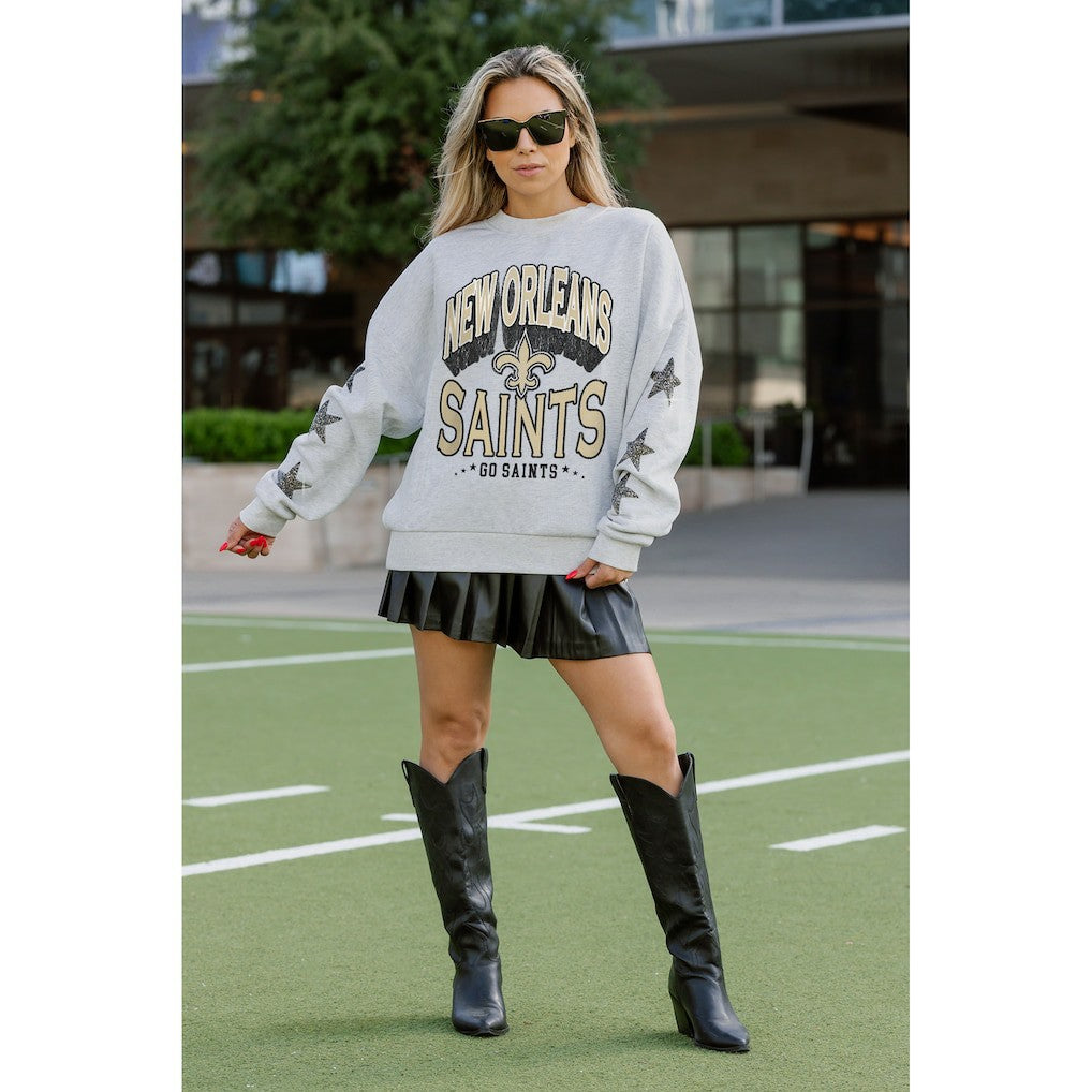 New Orleans Saints Gameday Couture Women's Resilience Relaxed Rhinestone Pullover Sweatshirt Ash
