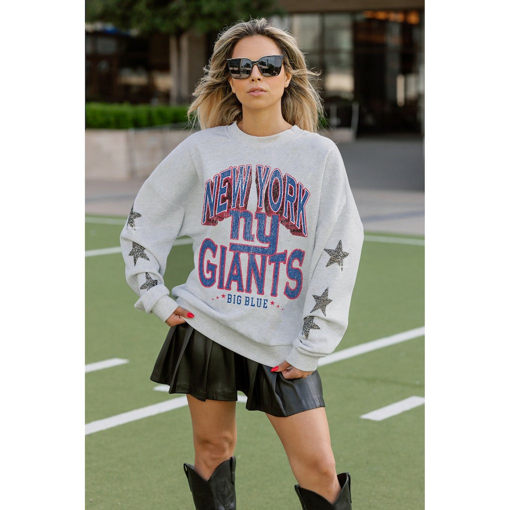 New York Giants Gameday Couture Women's Resilience Relaxed Rhinestone Pullover Sweatshirt Ash