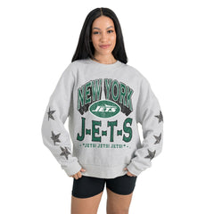 New York Jets Gameday Couture Women's Resilience Relaxed Rhinestone Pullover Sweatshirt Ash