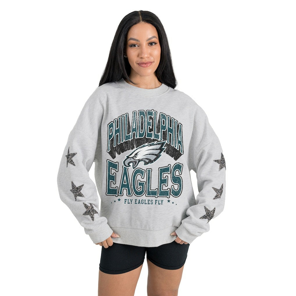 Philadelphia Eagles Gameday Couture Women's Resilience Relaxed Rhinestone Pullover Sweatshirt Ash