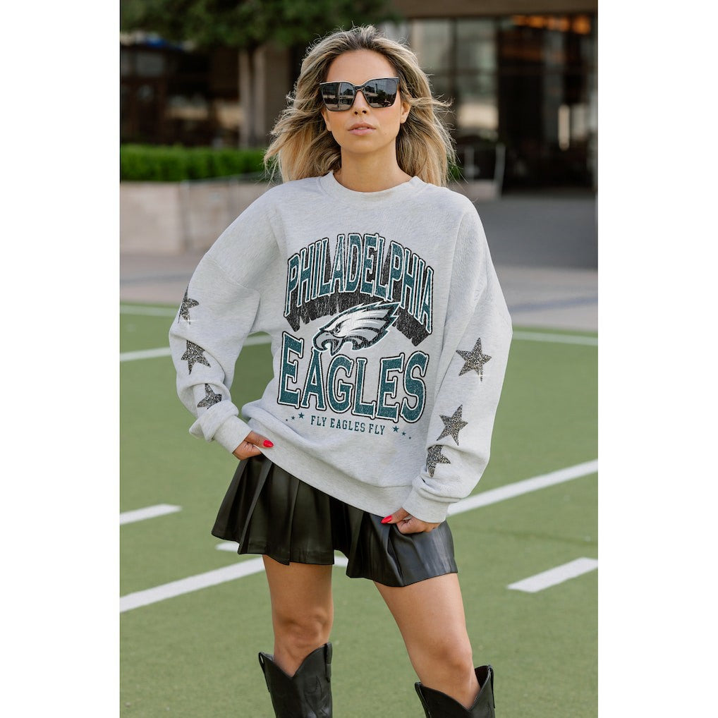 Philadelphia Eagles Gameday Couture Women's Resilience Relaxed Rhinestone Pullover Sweatshirt Ash